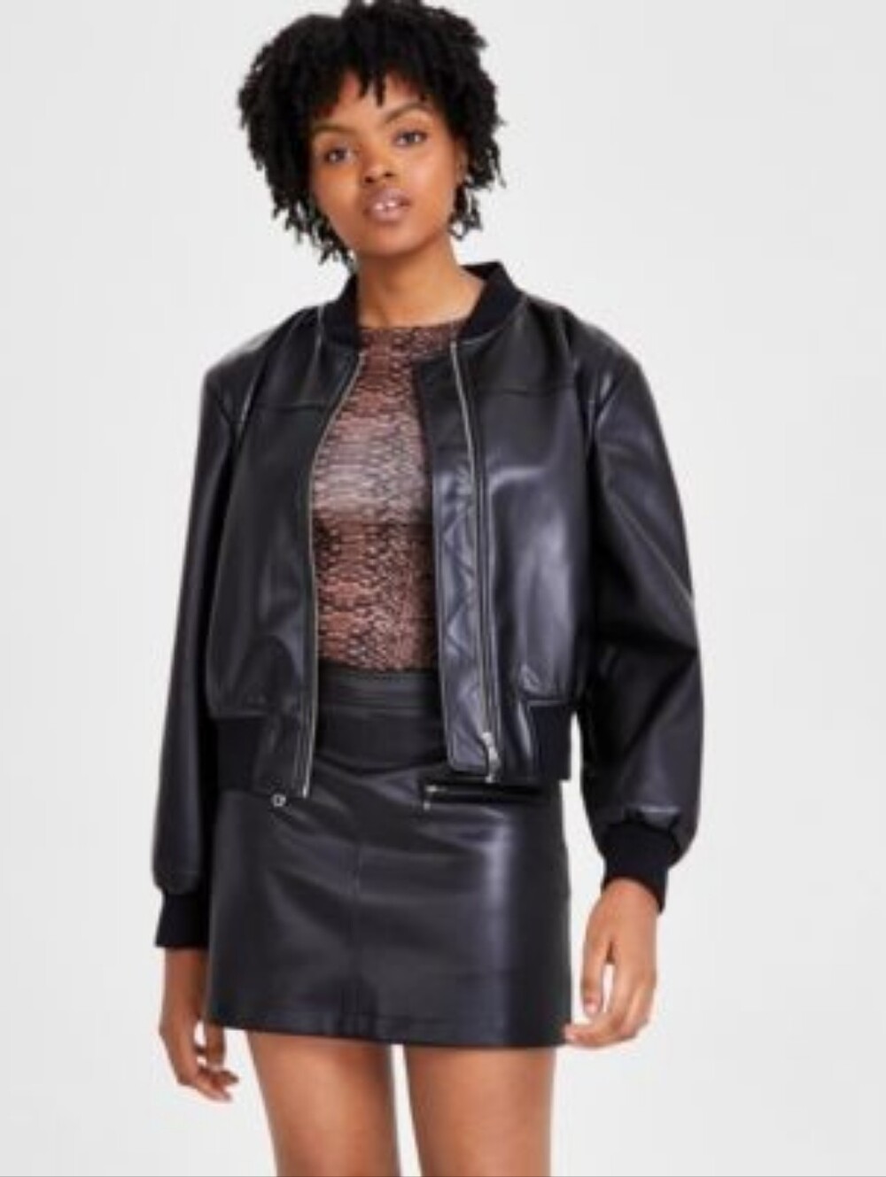 L Bar III Faux Leather Zip Front Black Bomber Jacket
